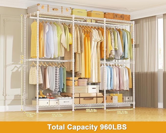 E14 Heavy Duty Clothes Rack，Freestanding Clothing Racks for Hanging Clothes，Adjustable Closet Organizers and Storage，Metal Garment Rack with Shelves 69" W x16 D x77 H，Max Load 960LBS，White