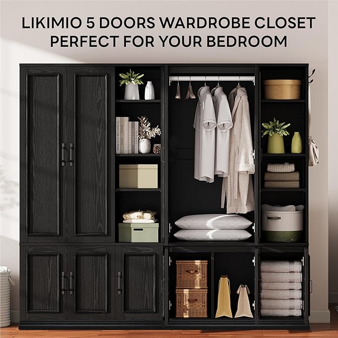 LIKIMIO Armoire Wardrobe Closet 70" H, 5 Doors Bedroom Wooden Wardrobe with 4 Storage Shelves and Hanging Rod, Clothing Storage Cabinet Organizer Combination, Black