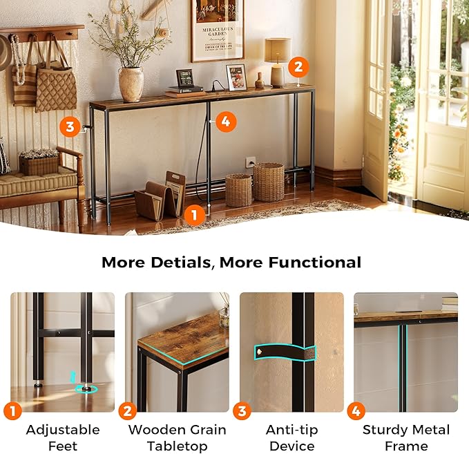 SUPERJARE 70 Inch Console Table with Outlet, Sofa Table with Charging Station, Narrow Entryway Table, Skinny Hallway Table, for Living Room, Rustic Brown
