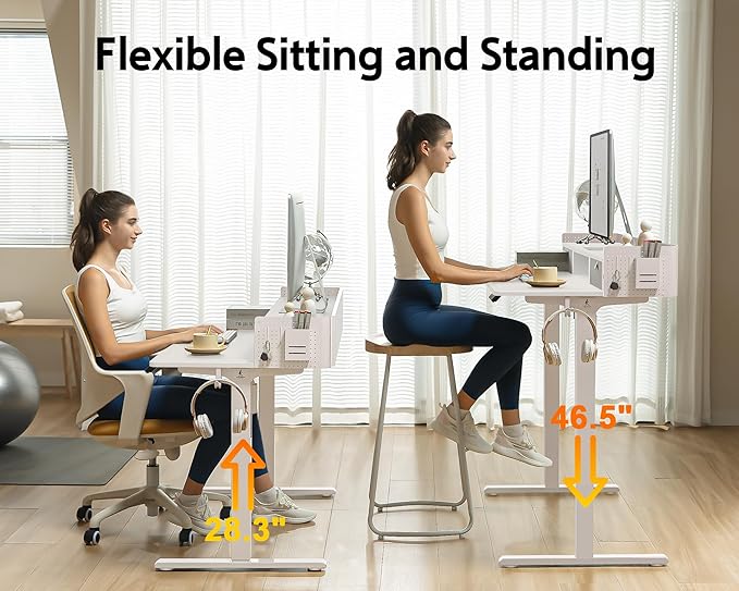 55x24 Inches Electric Standing Desk with 2 Drawers, Height Adjustable Stand up Desk for Home Office, Ergonomic Sit to Stand Table with Storage Shelf, DIY Board, Hooks, White