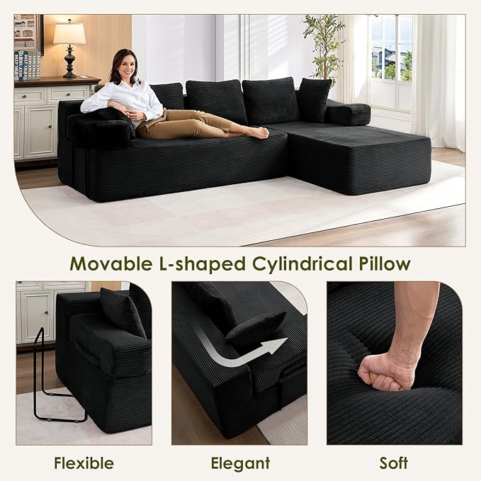 105" L-Shaped Modular Sectional Sofa with L-Shaped Boneless Couch, Cloud Couches for Living Room with Removable Arms, Convert Left/Right Facing, Plush Corduroy, No Assembly, Black