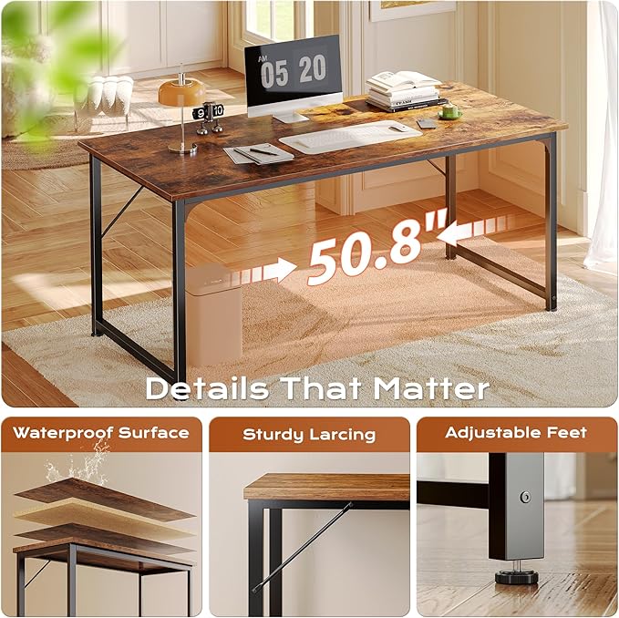 PRAISUN 54 X 24 Inch Computer Desk with Deeper Desktop, Gaming Office Writing Work Desk for Home Office, Study, Bedroom, Work from Home, Metal Frame, Rustic Brown