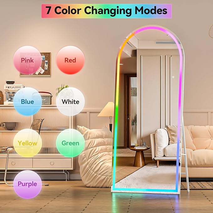 Hasipu 70.8" x 31.4" Arch LED RGB Bluetooth Full Length Mirror with Stand ＆ 7 Color Lighting Modes, Full Body Mirror with White Frame for Bedroom, Living Room, Dressing Room