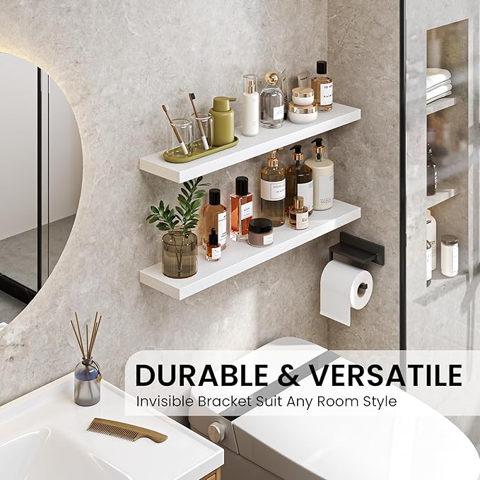 Heimlove Floating Shelves for Wall 32 Inch,Mounted Storage Wood Shelves with Invisible Brackets Hanging Shelf for Bedroom Living Room Kitchen Office,Set of 2,White