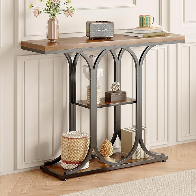 GiftGo Narrow Console Table for Entryway Industrial Sofa Table Behind Couch Ellipse Frame Rustic Wooden Accent Tables with Storage Shelves for Living Room, Hallway, Foyer (Brown)