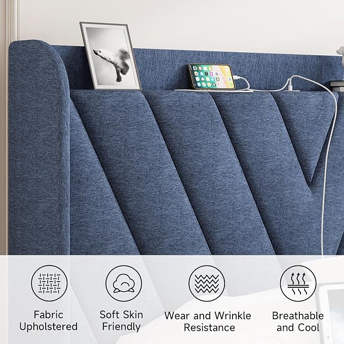 koorlian Queen Bed Frame with Headboard, Adjustable Upholstered Platform Bed Frame with Type-C&USB Ports, Wingback Storage Headboard, Solid Wood Slats Support, No Box Spring Needed, Dark Blue