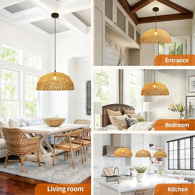 14''Natural Rattan Chandelier Small Rattan Pendant Light -Farmhouse Boho Hanging Light with Included E27 Bulb, 120V Wicker Chandelier for Dining Room Bedroom Living Room Island
