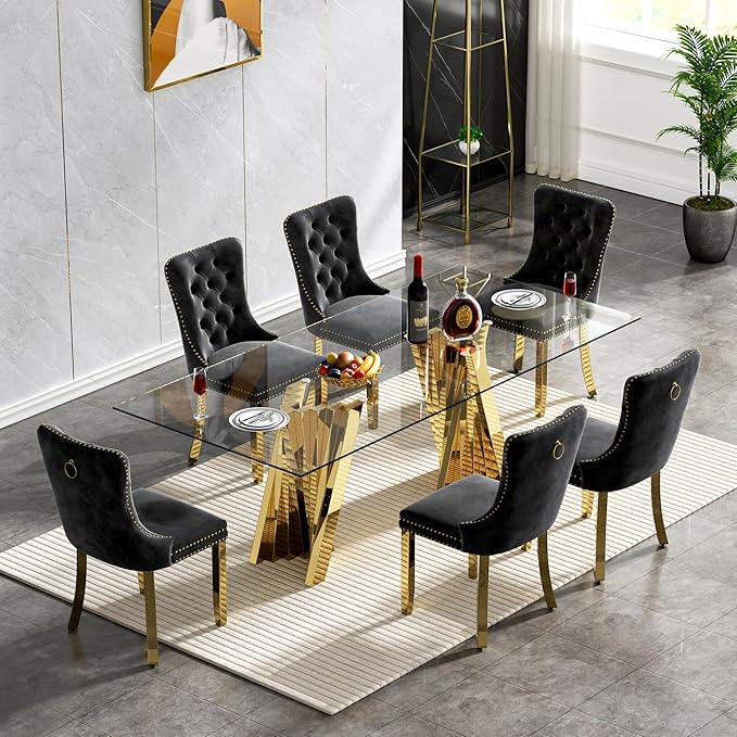 7 Piece Dining Table Set with 6 Black Dining Chairs, Modern Glass Kitchen Table and Chairs Set for 6, 70" Rectangle Gold Glass Pedestal Dining Room Tables with Flash-Shape Stainless Steel Base