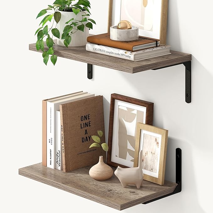 Fun Memories Deep Floating Shelves, 16W x 8D Floating Shelves Set of 2, Wall Mounted Shelf with Metal Brackets, Rustic Wood Wall Shelf for Bathroom, Kitchen and Living Room, Grey