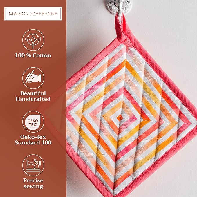 Maison d' Hermine Pot Holders Set 100% Cotton Heat Resistant Potholders 8" x 8" Hot Pads with Loop BBQ, Cooking, Baking, Grilling, Kitchen, Handling Hot Pans Spring/Summer (Pack of 2, Summer Maze)
