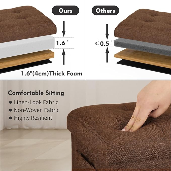 Storage Ottoman Cube, Folding Foot Rest with Thicker Foam Padded Seat. 350 lbs Small Linen Ottoman with Storage Bench Footstool for Living Room, Bedroom, Coffee Table. 17x13x13in, Brown