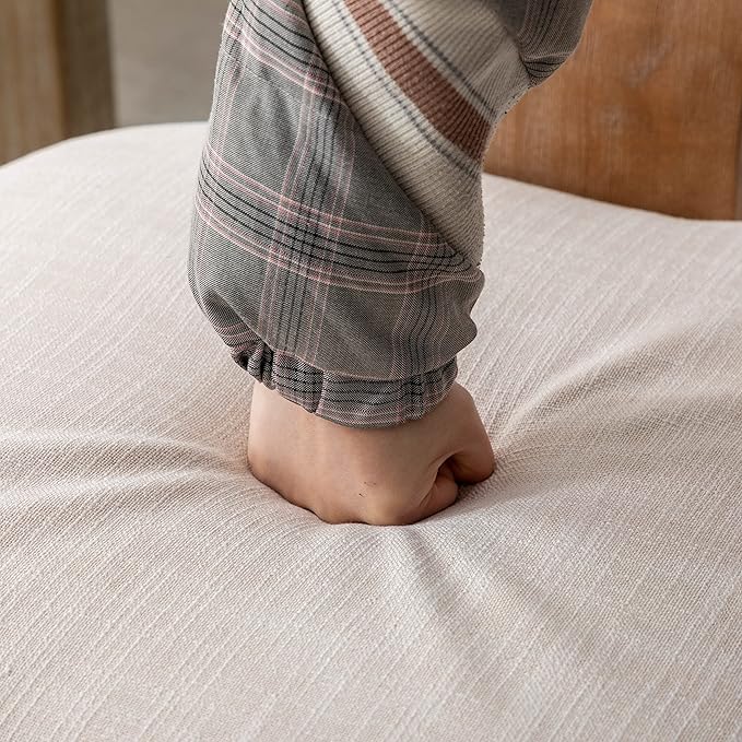 Mid Century Modern Dining Chairs Set of 6 Linen Fabric Upholstered Kitchen Side Chairs with Nailhead Trim, Modern Kitchen Armless Solid Wood Dining Chairs, Beige