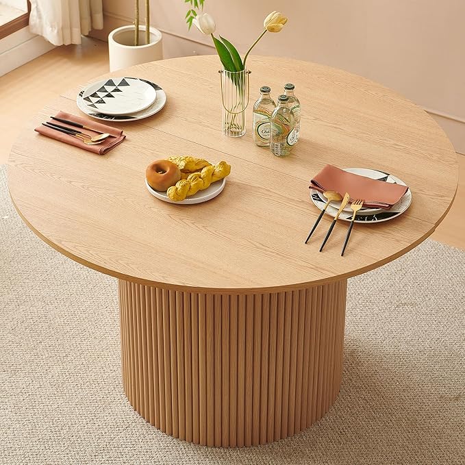 47" Round Dining Table for 4, Modern Farmhouse Wood Veneer Top with MDF Striped Base, Kitchen & Dining Room Tables - Oak Color