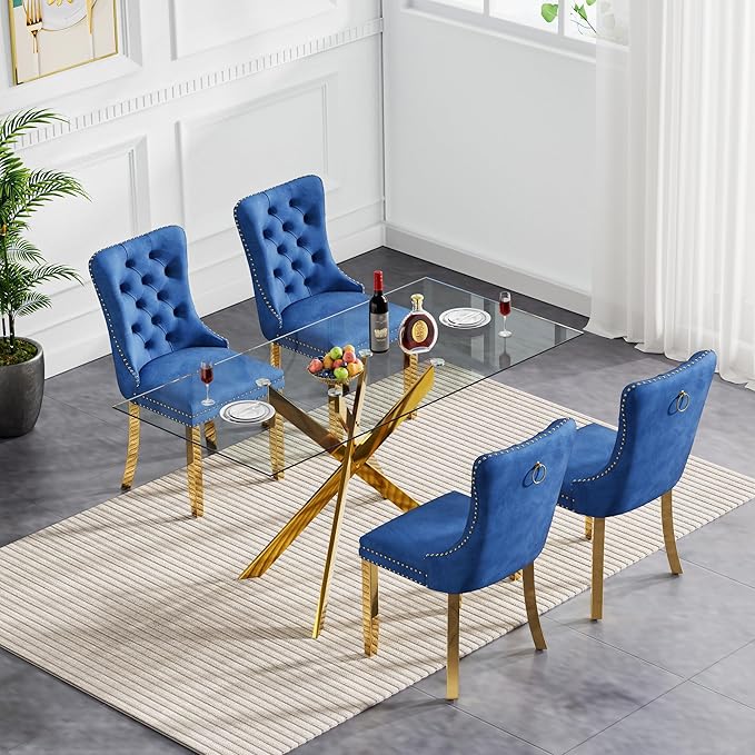 Goujxcy 5 Piece Glass Dining Table Set Modern Glass Dining Table Set for 4, 51" Rectangular Kitchen Table and 4 Velvet Upholstered Chairs for Kitchen Dining Room, Gold Table & Blue Chair