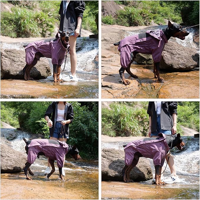 LOVELONGLONG Waterproof Dog Raincoat with Removable Hood – Outdoor Full Body Dog Jacket, Windproof Snowproof Shell Suit – All Season Pet Rain Gear Plum Purple S+