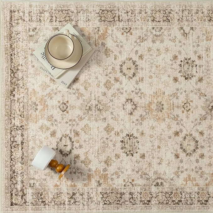 Beige 2x6 Runner Rug Hallway Non Slip Kitchen Vintage Distressed Long Carpet Indoor Machine Washable Traditional Floral Bedroom Accent Throw Rug for Office Laundry Bathroom Dining Living Room