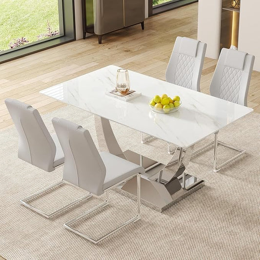 63" Modern Dining Table Set for 4, White Dining Room Set for 4, Tempered Glass Kitchen Table and PU Leather Chairs, Marble Pattern Top with Sturdy Silver Chrome Base