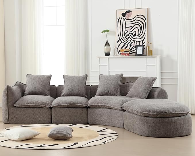 137.8” Curved Boucle Sofa Couch, Modern Sectional Sofa Cloud Deep Seat Couch with 4 Pillows, Comfy Modular 5-Seat Couches for Living Room Apartment (Grey)