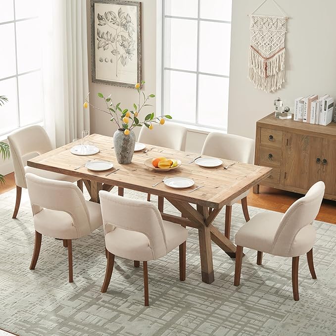 VKNOW Wooden Dining Chairs Set of 6, Modern Fabric Upholstered Dining Room Chair Kitchen Chairs, Farmhouse Dinner Chair for Kitchen Dining Room, Beige