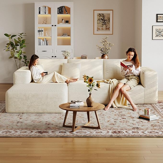 108'' Modular Sectional L-Shaped with Chair,Deep Seat Boneless Corner Couch for Living Room,Plush Corduroy Couch with Detachable Sofa Set,No Assembly (Left Facing Chaise,Beige)