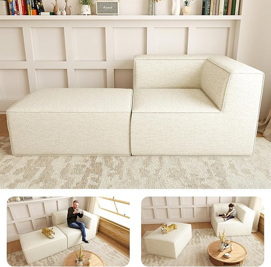 76" Sectional Compressed Sofa Modular Couches,High-Density Foam No Assembly Required, 2-Piece(1x Corner 1x Ottoman) for Living Room, Chenille Beige White