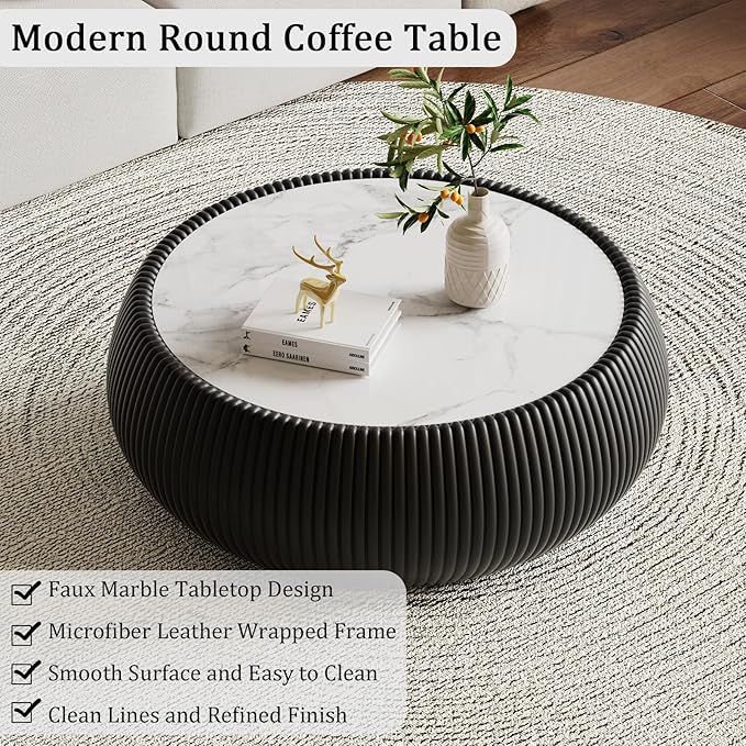 Black Round Coffee Table with Sintered Stone Tabletop, 27.55" Drum Coffee Table with Fluted PU Leather Covered and Stable Base, Circle Cocktail Tea Table for Living Room