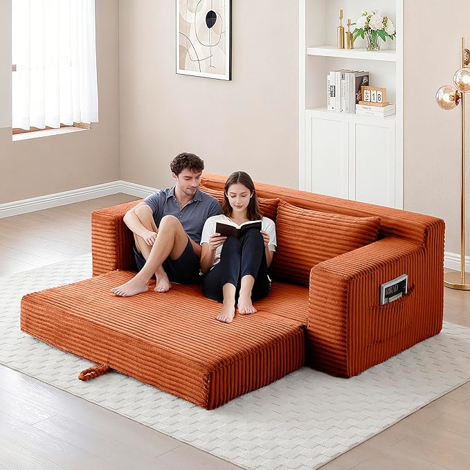 73" Cloud Loveseat Sofa Couch in a Box, 2 Seater Boneless Couch, Convertible Pull Out Sofa Bed with Pillows, No Assembly, Memory Foam, Modern Small Couches for Small Spaces (A-Orange)