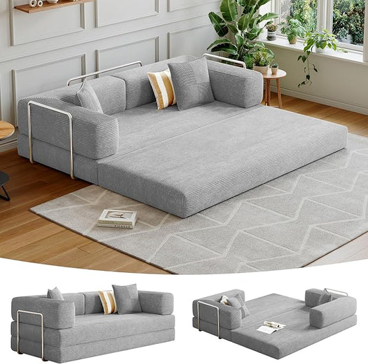 98.4''Convertible Sleeper Sofa Bed,Compressed Floor Boneless Couch,Modular Modern Corduroy Sofa for Living Room Bedroom -with Fixed-Shape Frame and Support Armrest,Easy Assembly(Grey)