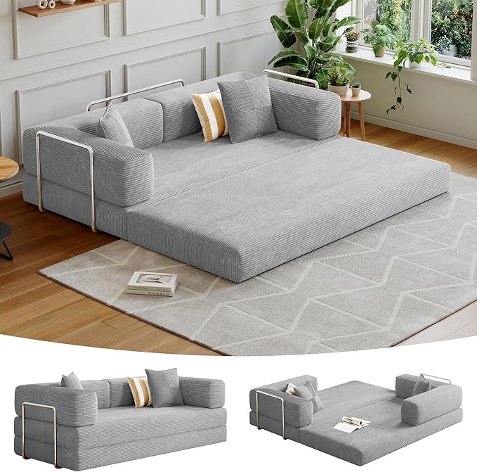Compressed Sleeper sofa bed,Convertible Floor Boneless Couch-With Comfy Pillow,Modular Modern Corduroy Sofa for living room Bedroom Lounge Studio-With Fixed-shape Frame and support Armrest(Grey)