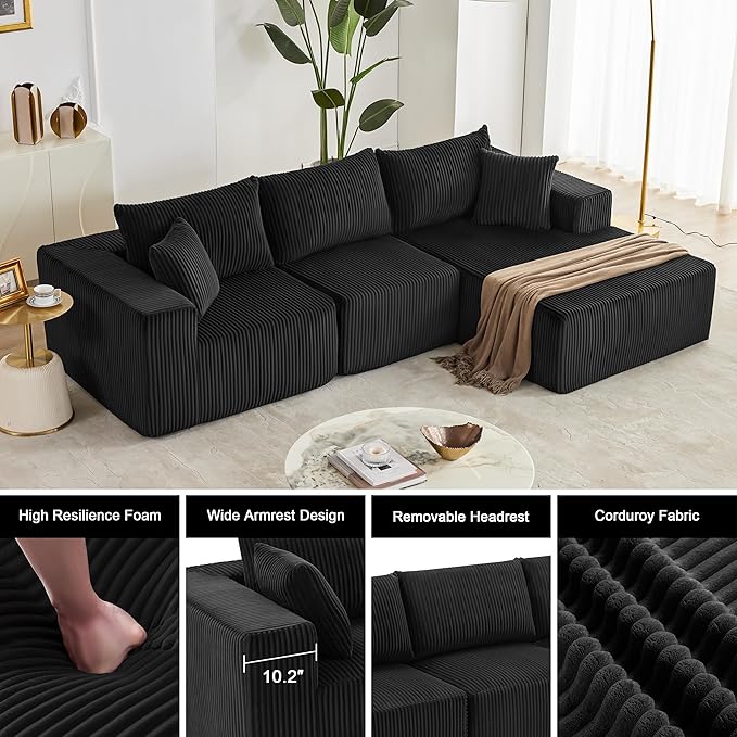 108” Modular Sectional Sofa, Cloud Sectional Couch with Deep Seat, Modern Modular L-Shape Sofa Couch with Chaise,Upholstered Boneless Couches for Living Room Bedroom (Black, Right Facing Chaise)