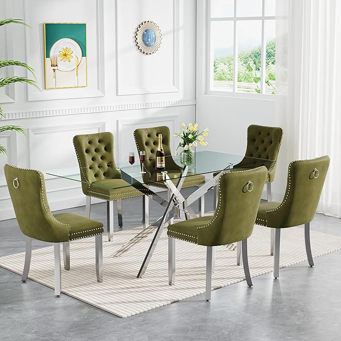 Goujxcy Glass Dining Table Set for 6, Modern Kitchen Table and Chairs Set of 6, 7-Piece Kitchen Dining Room Table Set w/61 Glass Silver Dining Table and 6 Green Velvet Upholstered Chairs