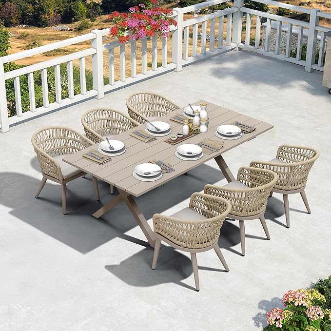 PURPLE LEAF Outdoor Dining Set All-Weather PE Rattan Patio Dining Furniture Set with All Aluminum Frame Rectangular Table and 6 Chairs Set for Lawn Garden Backyard Deck, Champagne