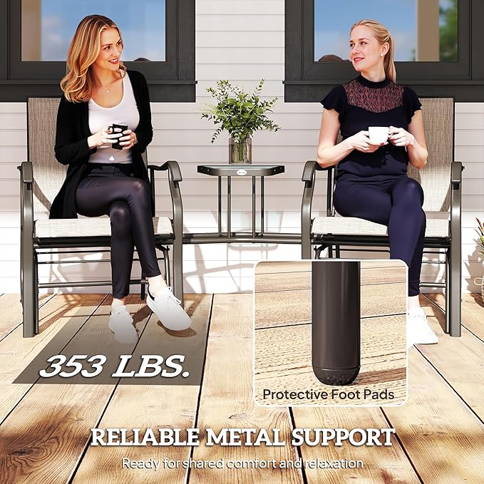 Outsunny Outdoor Glider Chairs with Coffee Table, Patio 2-Seat Rocking Chair Swing Loveseat with Breathable Sling for Backyard, Garden, and Porch, Light Brown