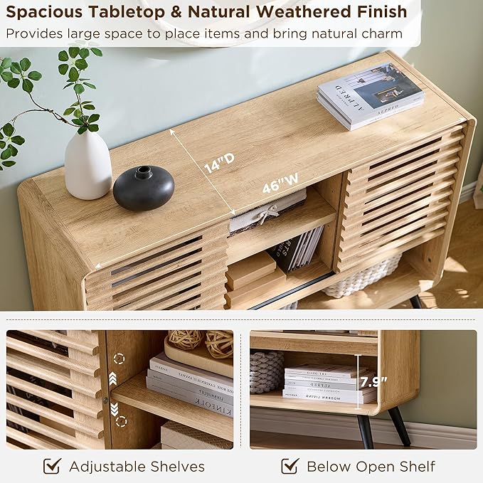 RedLemon 46" Entryway Table, Mid Century Modern Console Table with Slatted Sliding Door, Storage Shelf Wood Sofa Table Behind Couch for Hallway, Living Room, Foyer, Natural Oak