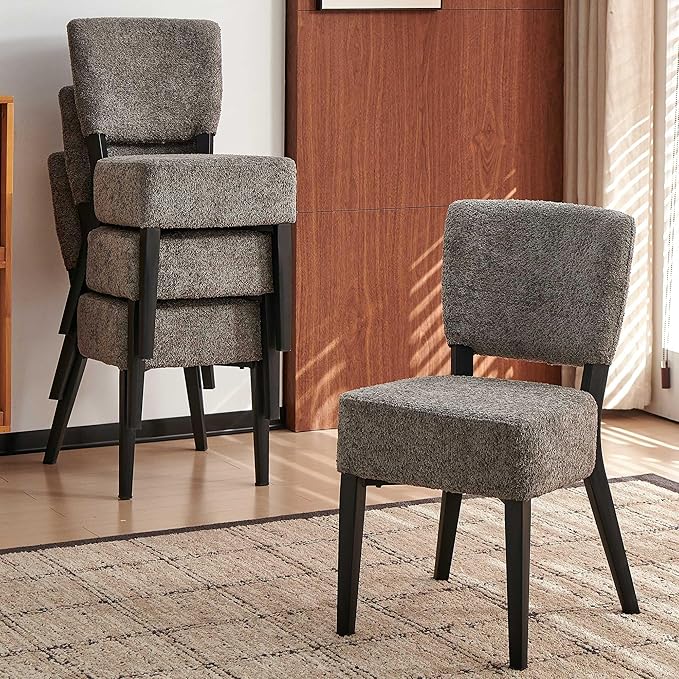 Howtek Modern Dining Chairs Set of 4 with 6.3" Thick Seat Cushions, Space-Saving Stackable Upholstered Kitchen Chairs, Ergonomic Backrest & Black Metal Legs, Grey
