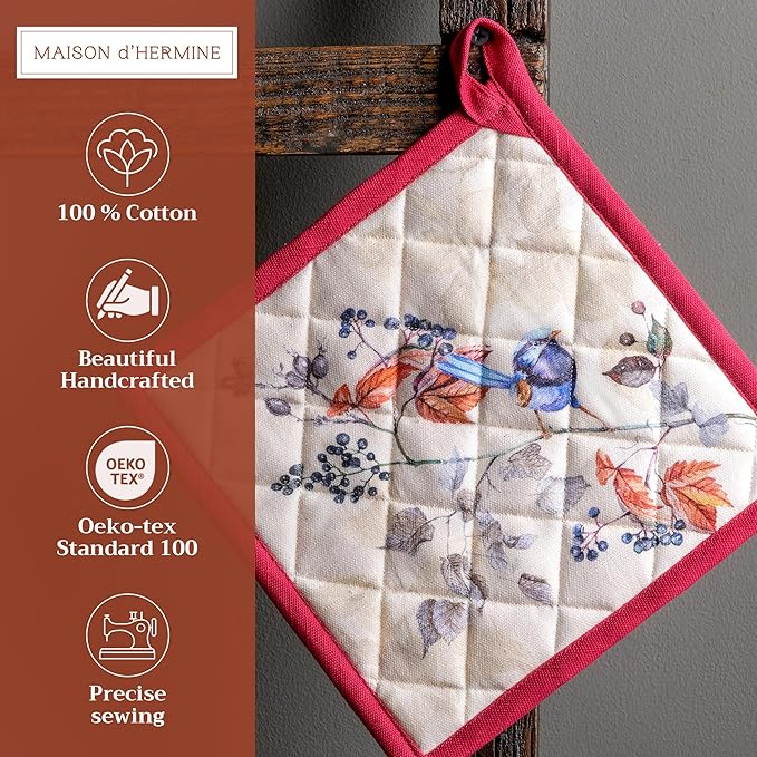 Maison d' Hermine Pot Holders Set 100% Cotton Heat Resistant Potholders 8" x 8" Hot Pads with Loop for Thanksgiving Christmas Decorations BBQ Baking Handling Hot Pans (Pack of 2, Equinoxe - Beige)