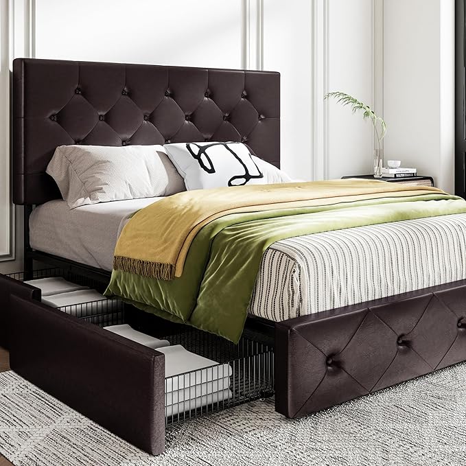 MUTICOR Full Size Bed Frame with 4 Storage Drawers, Upholstered Platform Bed with Button Tufted Adjustable Headboard, No Box Spring Needed, Easy Assembly, Diamond Tufted, Brown Leather