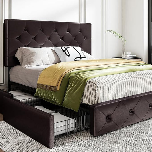 MUTICOR Full Size Bed Frame with 4 Storage Drawers, Upholstered Platform Bed with Button Tufted Adjustable Headboard, No Box Spring Needed, Easy Assembly, Diamond Tufted, Brown Leather