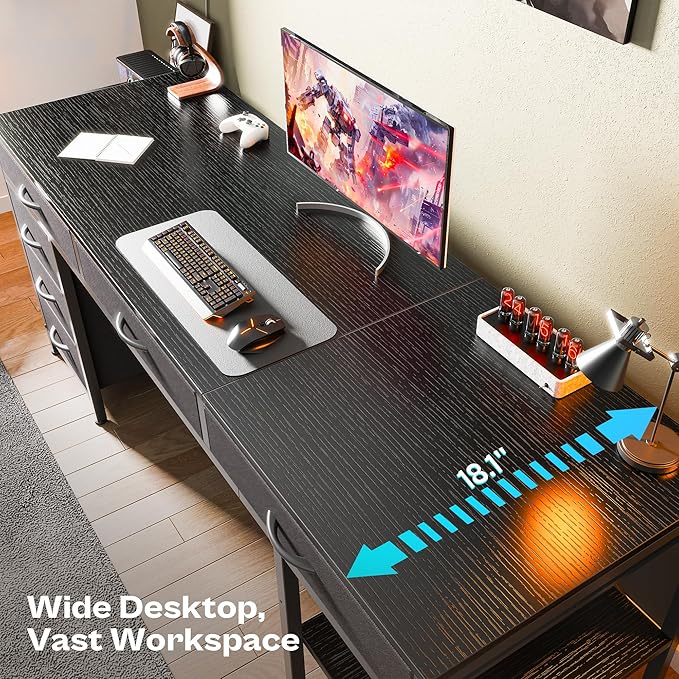 Huuger Computer Desk with 6 Drawers, 63 Inch Office Desk with Shelves, Reversible Gaming Desk, Corner Desk with Storage, for Home Office, Study, Living Room, Black