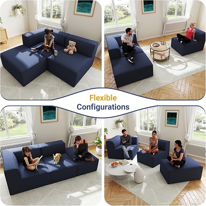 106" Sectional Compressed Sofa Modular Couches,High-Density Foam No Assembly Required,3-Piece(1xCorner 1xArmless 1xOttoman) for Living Room, Chenille Blue