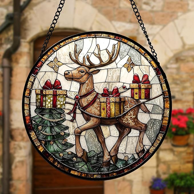 Stained Glass Window Hanging, Christmas Tree Elk Sun Catchers Colorful Glass Panel Retro Suncatcher Decor for Birthday for Women, Men, Wife, Aunt, and Mom 11.8x11.8 in