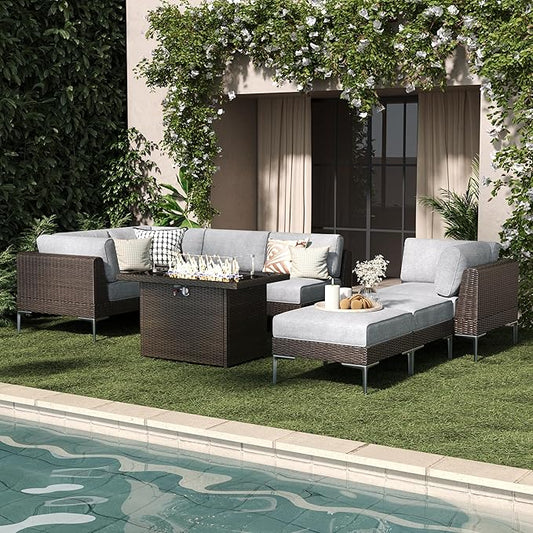 LayinSun 8-Piece Outdoor Modular Wicker Sectional Sofa with Fire Pit Table, Patio Furniture Conversation Set with Deep Seating and Thick Cushions