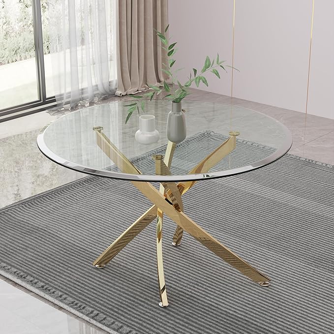 36" Round Dining Table for 4, Glass Kitchen & Dining Room Tables, Modern Circle Dining Room Table w/Tempered Glass Tabletop Gold Finish Metal Legs for Dinner Small Spaces