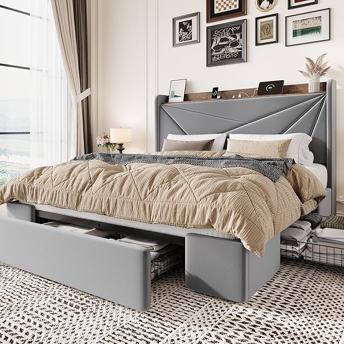 SHA CERLIN Queen Bed Frame with 3 Drawers, USB & Type-C Charging Ports, Velvet Upholstered Platform Bed with Modern Geometric Wingback Storage Headboard, No Box Spring Needed, Easy Assembly, Grey