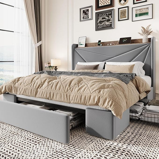 SHA CERLIN Queen Bed Frame with 3 Drawers, USB & Type-C Charging Ports, Velvet Upholstered Platform Bed with Modern Geometric Wingback Storage Headboard, No Box Spring Needed, Easy Assembly, Grey