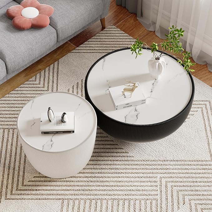 Round Coffee Table Set with Sintered Stone Tabletop, 27.56" Black Drum Center Table and 19.69" White Coffee Table Set, 2 Pieces Living Room Table Set with Fluted PU Leather Cover& Metal Base