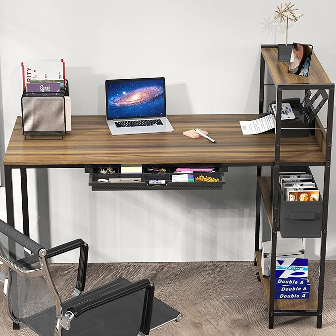 SHW 46-Inch Home Office Mission Computer Desk with Side Shelf and Drawer, Walnut