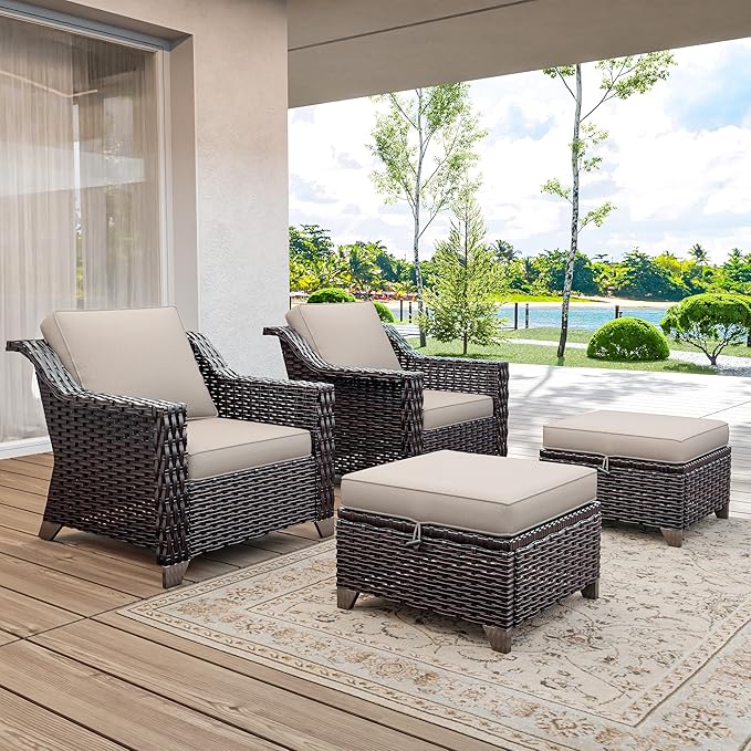 4 Pieces Wicker Patio Furniture, Luxury Outdoor Furniture with 2 Pieces Patio Rattan Chair, 2 Patio Ottoman, Wide Armrest, Thickened Cushions, Ideal for Deck, Porch Use