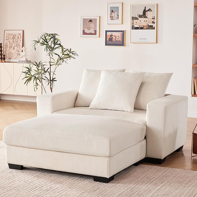 58.3" Oversized Chaise Lounge Indoor for Living Room, Solid Wood Comfy Sleeper Reclining Sofa with Thickened Cushions Widened Armrests for Bedroom, Deep Seat Lounge Sofa with Ottoman, Beige