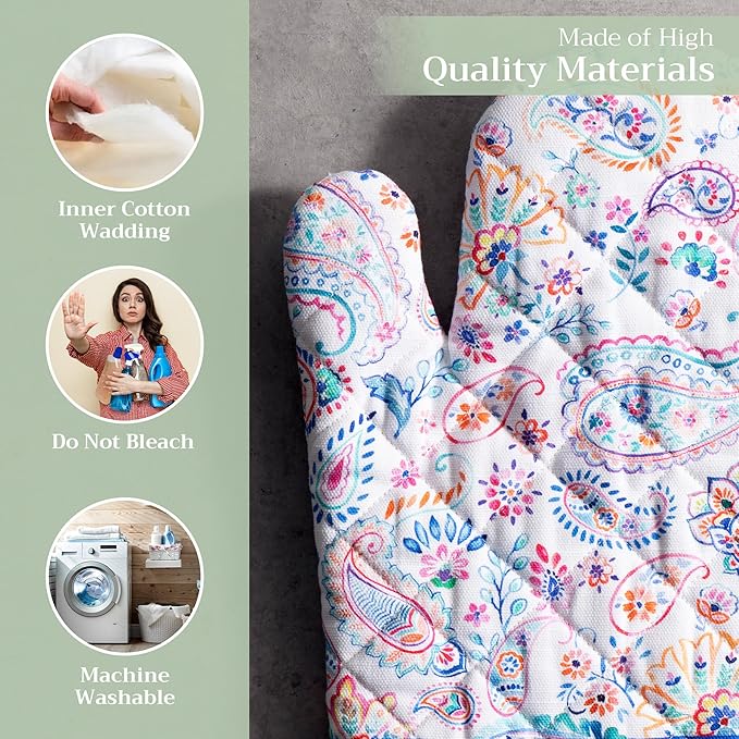 Maison d' Hermine Oven Gloves 100% Cotton Oven Mitt 7" x 13" with Loop Heat Resistant, BBQ, Cooking Gloves, Baking, Grilling, Kitchen, Handling Hot Pans Spring/Summer (Pack of 1, Indian Floral)